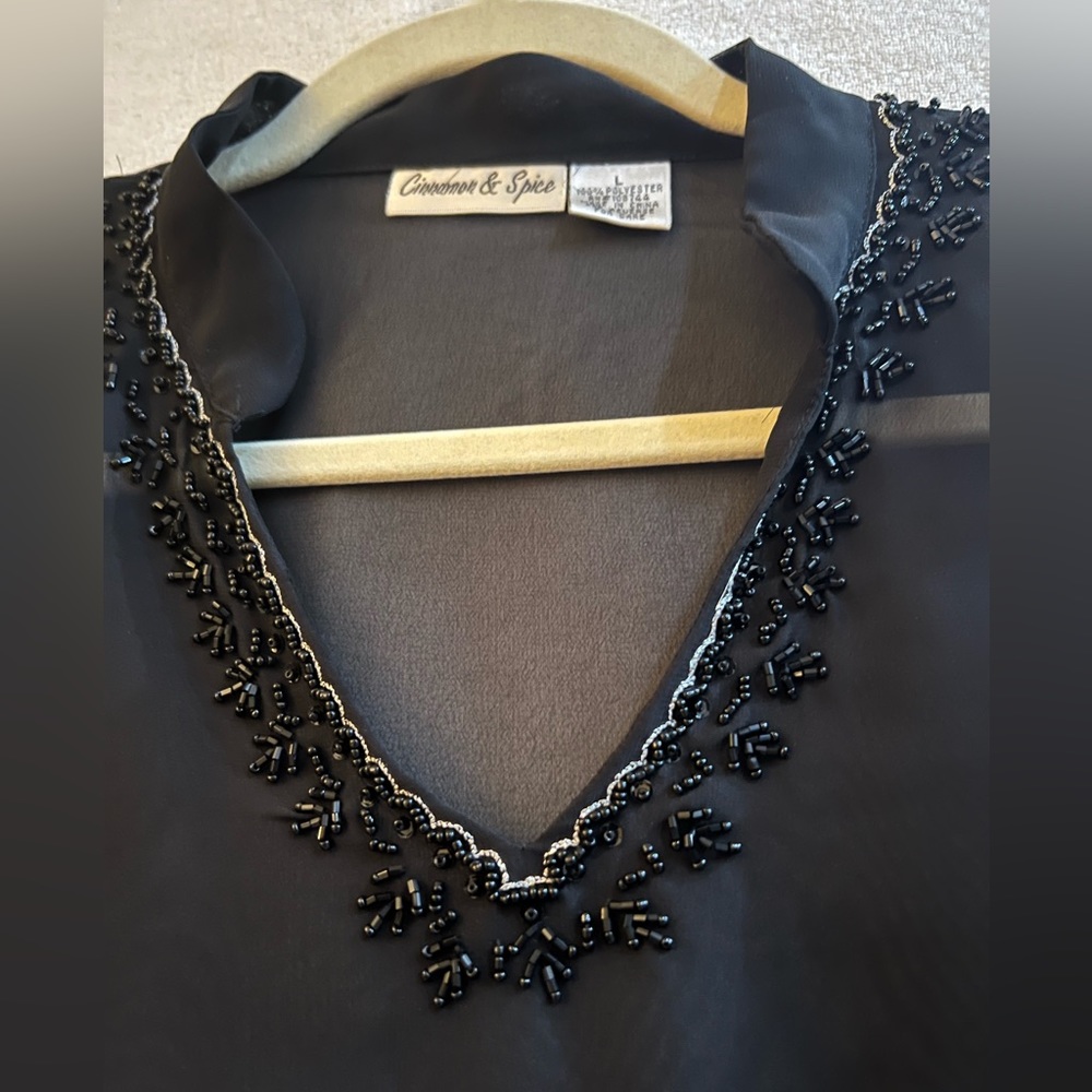 Woman’s size L, sheer black long sleeve blouse, pretty detailed beading at neck